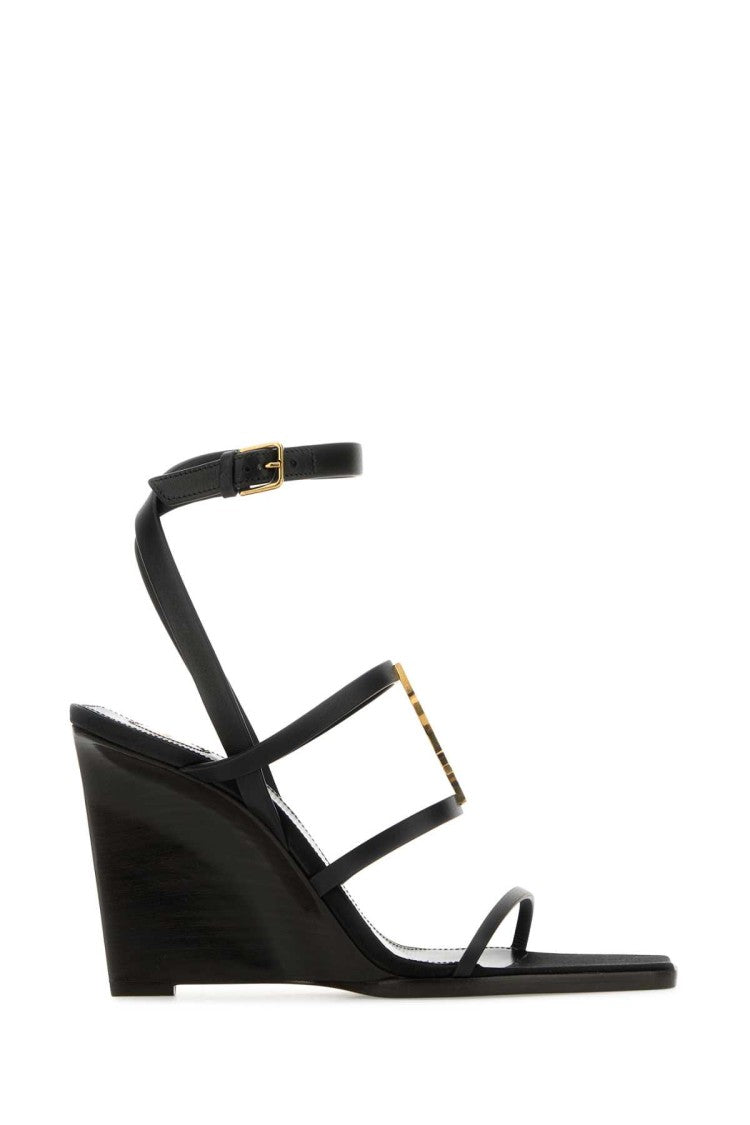 Saint Laurent Black Leather Cassandre Wedges