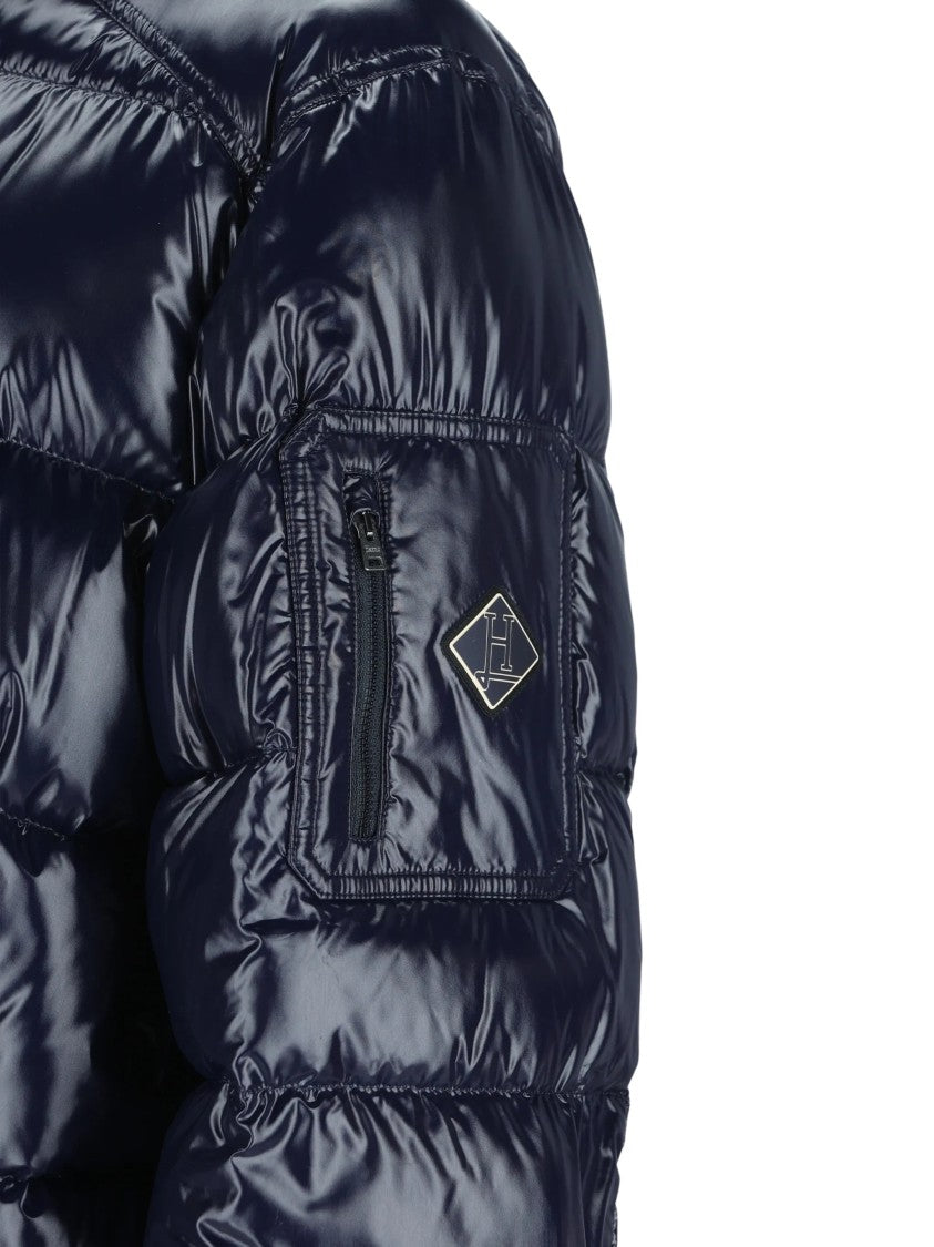 Herno Hooded Down Jacket With Glossy Navy Finish And Horizontal Quilting