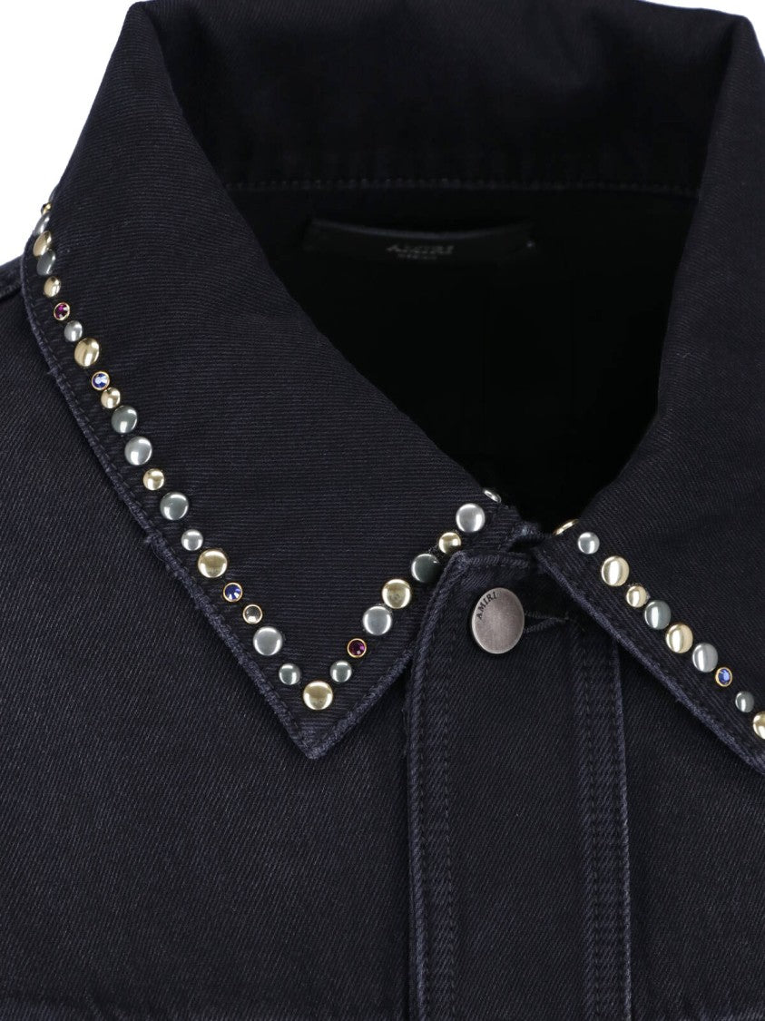 Amiri Cropped Black Denim Jacket With Classic Collar