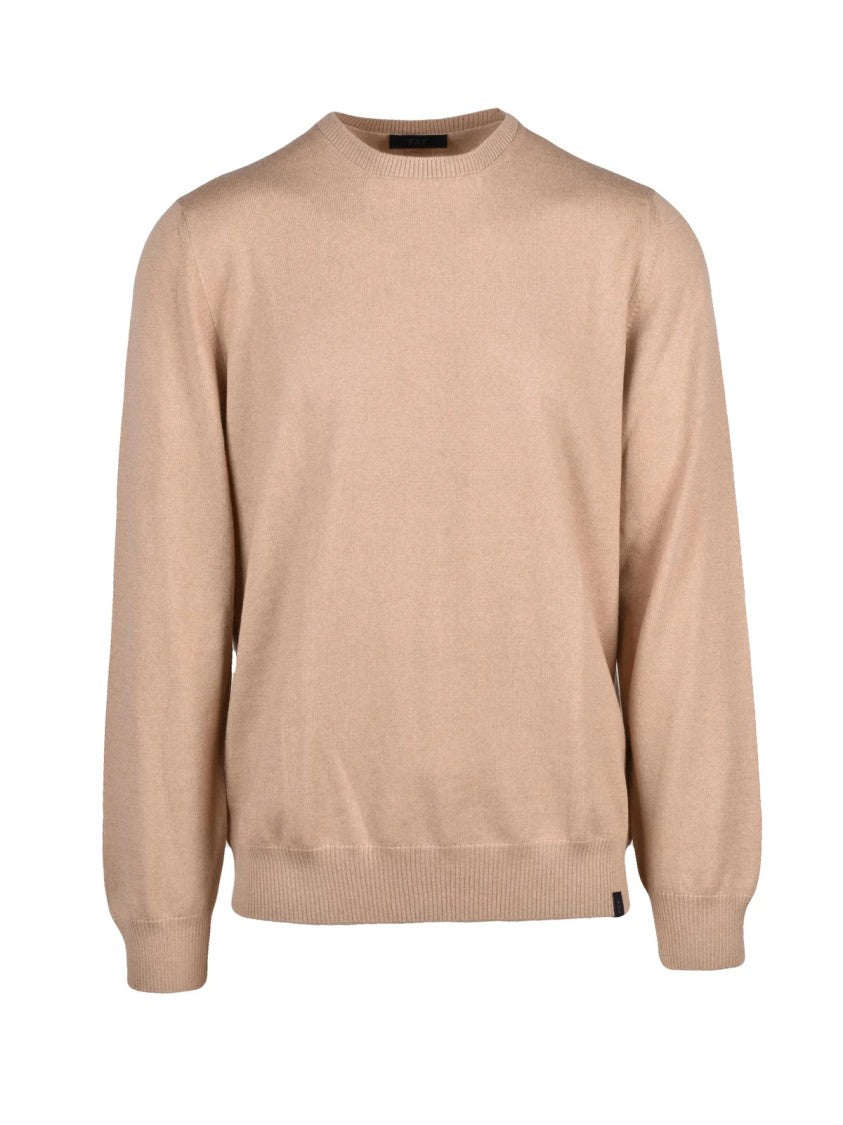 Fay Beige Ribbed Detail Virgin Wool Crewneck Sweater
