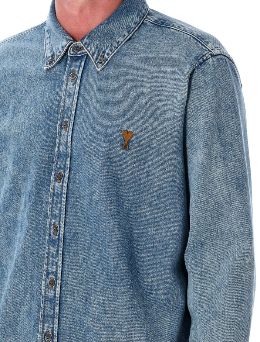Ami Paris Classic Fit Stonewashed Denim Shirt With Embroidered Heart Detail