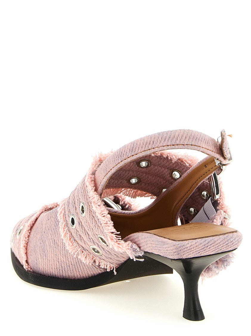 Ganni 'Feminine Buckle Fringed Denim' Slingback