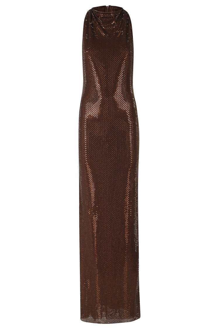 Self-Portrait Brown Rhinestone Draped Racer Back Maxi Dress