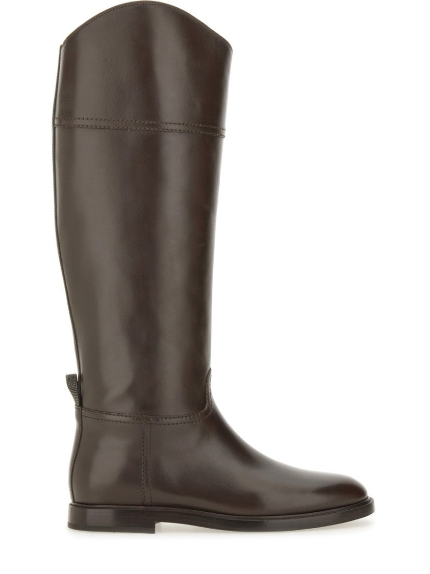 Brunello Cucinelli Polished Brown Leather Boots With Zipper Detail