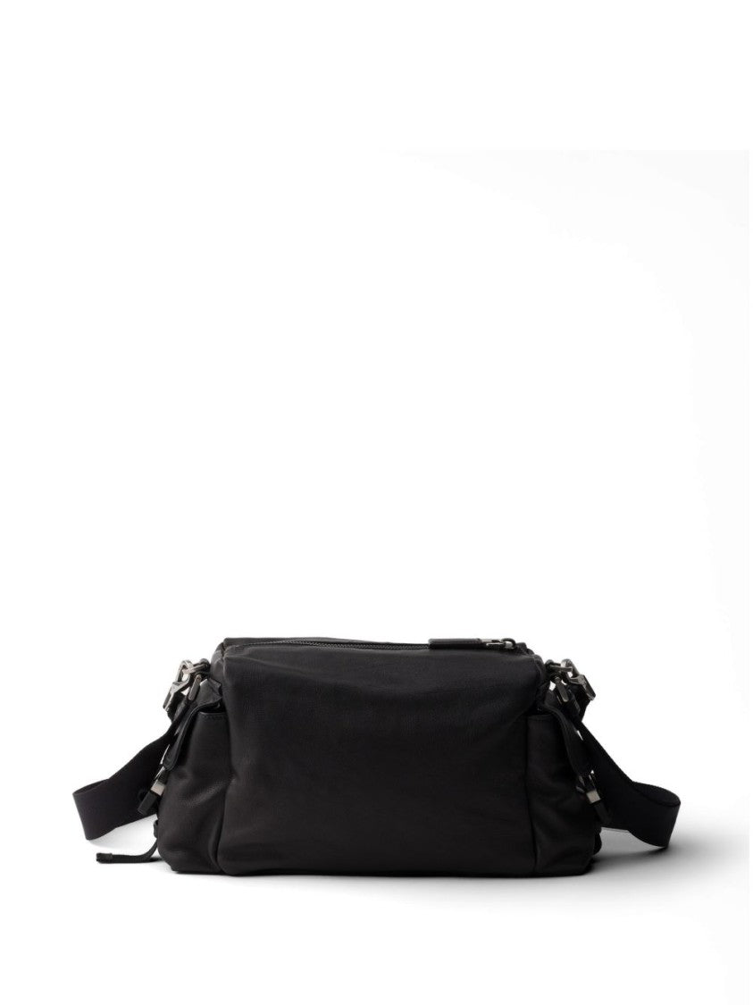 Prada Black Buffalo Leather Triangular Logo Shoulder Bag