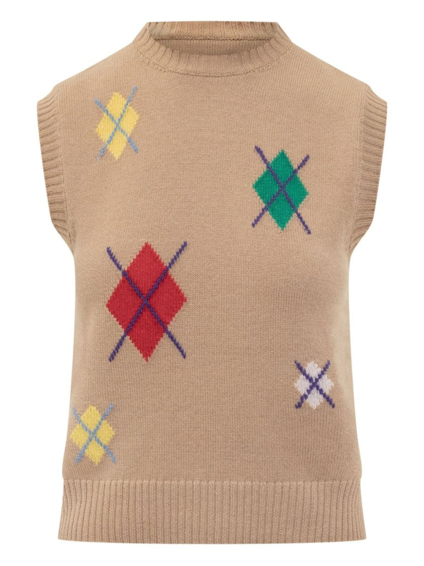 Msgm Sleeveless Beige Sweater With Diamond Pattern