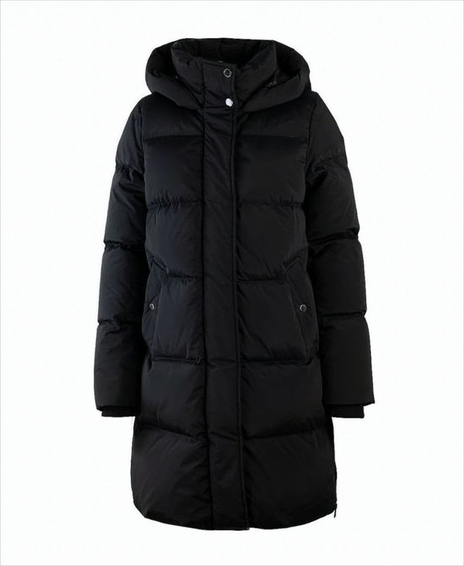 Woolrich Padded Long Black Coat With Removable Hood