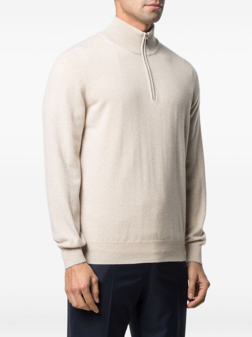 Brunello Cucinelli Half-Zip Neutrals Sweater With Fitted Silhouette