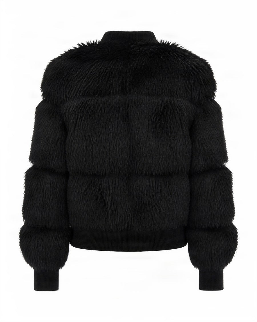 Patrizia Pepe Short Black Faux Fur Stand-Up Collar Jacket