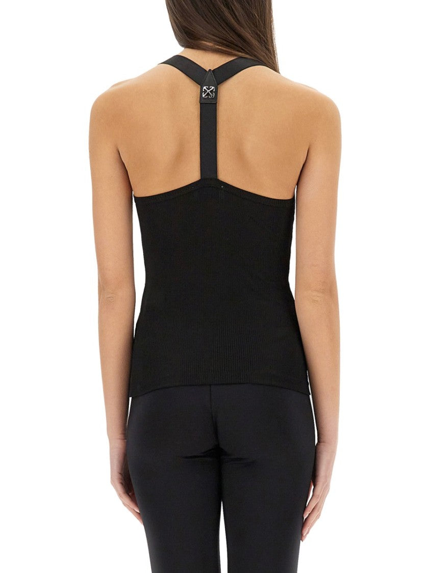 Off-White Slim Fit Ribbed Top With Cross-Strap Design