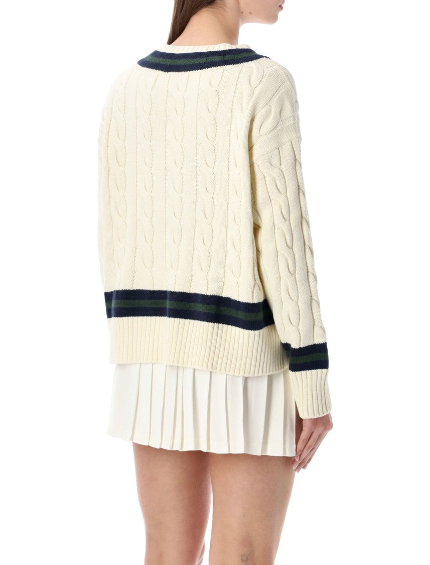 Sporty And Rich Cotton Cableknit V-Neck Sweater