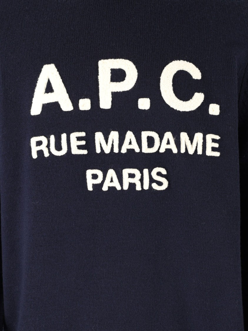 A.P.C. Navy Blue Crewneck Sweater With Ribbed Finishes And Logo Detail