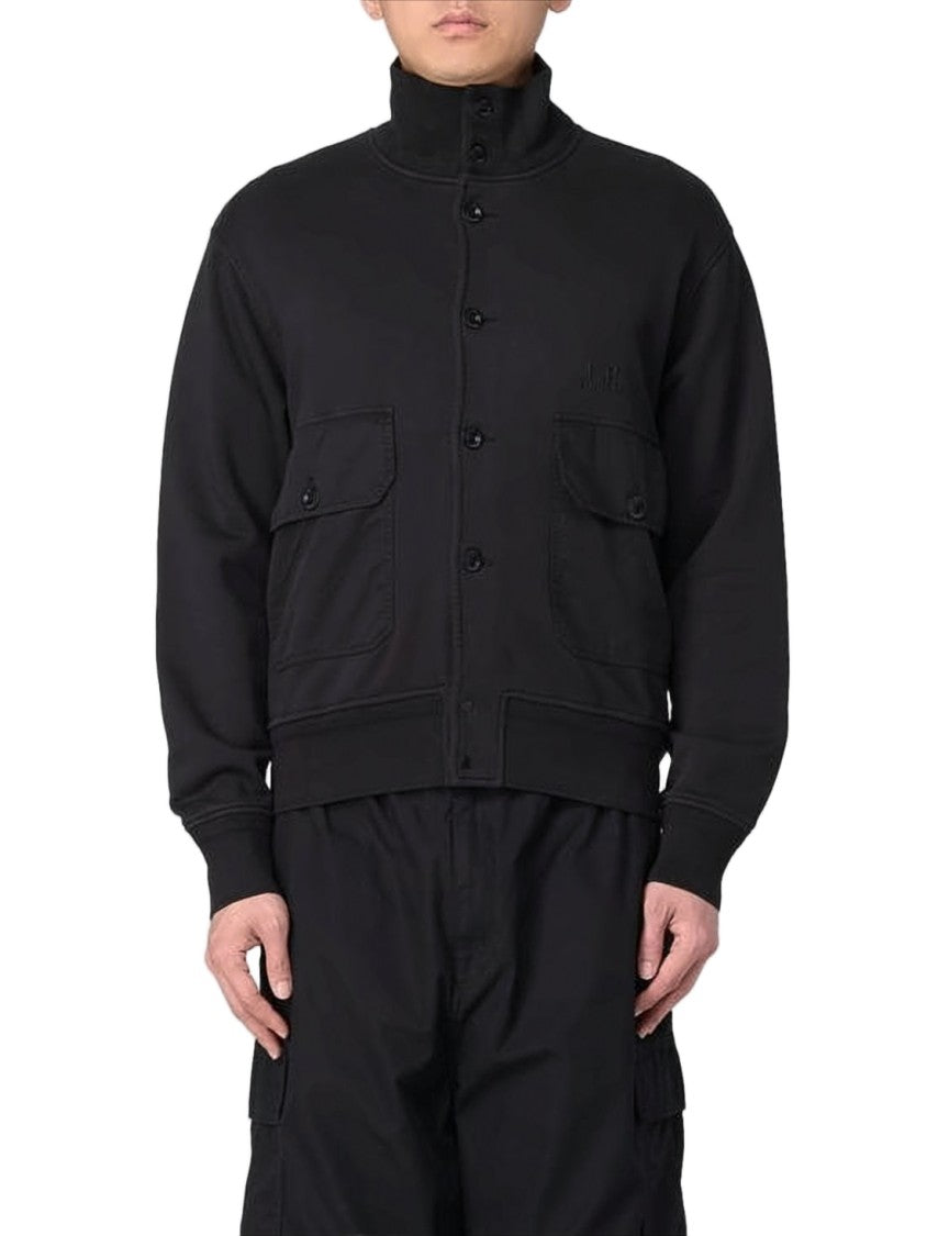 C.P. Company Minimalistic Black Cotton Cardigan With High Collar