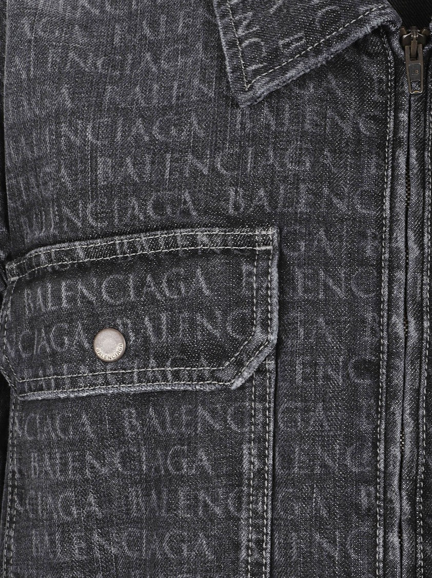 Balenciaga Washed Black Denim Jacket With Tonal Logo Print And Flap Pockets