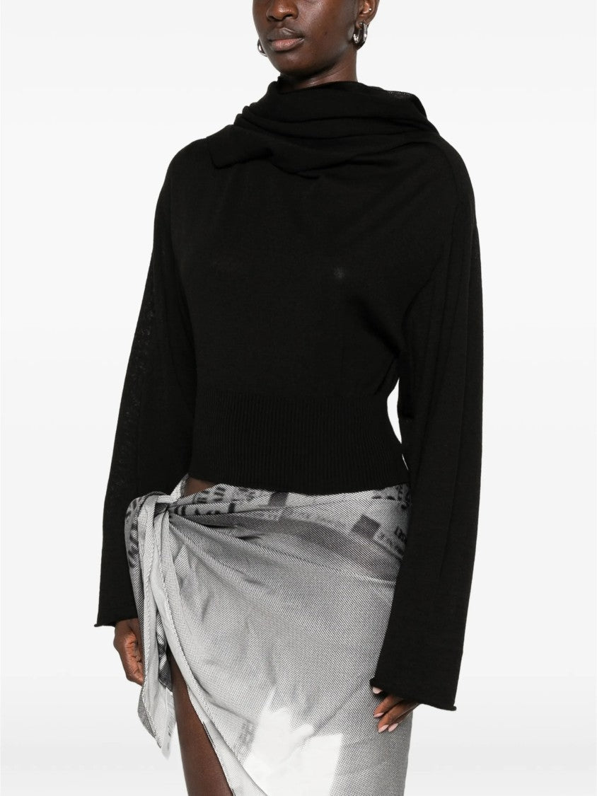 Rick Owens Cropped Black Long-Sleeved Top With Scarf-Inspired Neckline