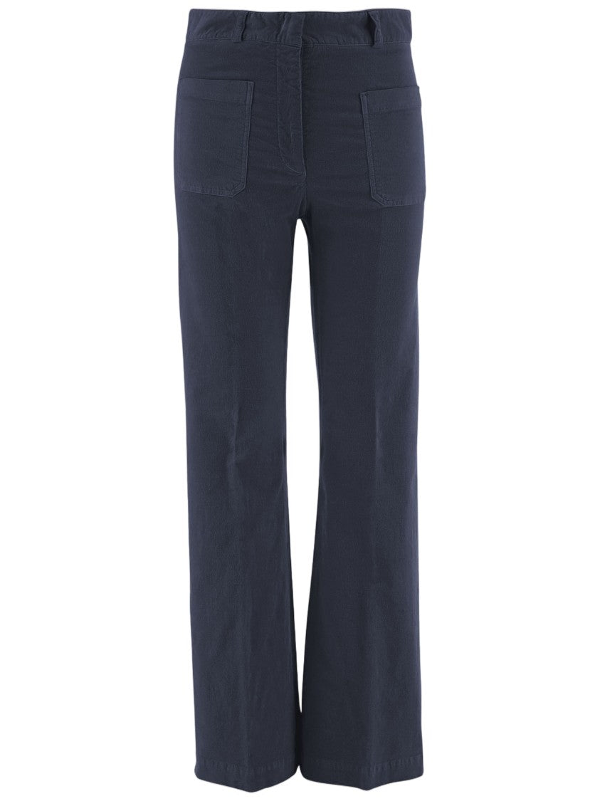 Ql2 Flared Navy Stretch Cotton Velvet Pants With Pressed Center Crease