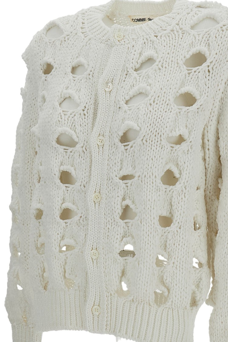 Comme Des Garçons White Openwork Crew Neck Cropped Cardigan