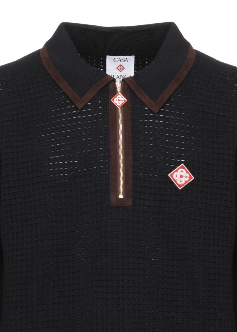 Casablanca Blue Velvet-Collar Zip Wool Polo Shirt