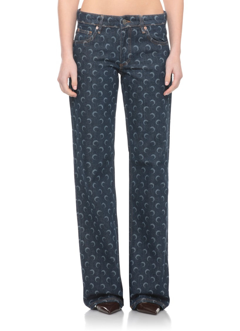 Marine Serre Dark Blue Moon Logo Cotton Jeans