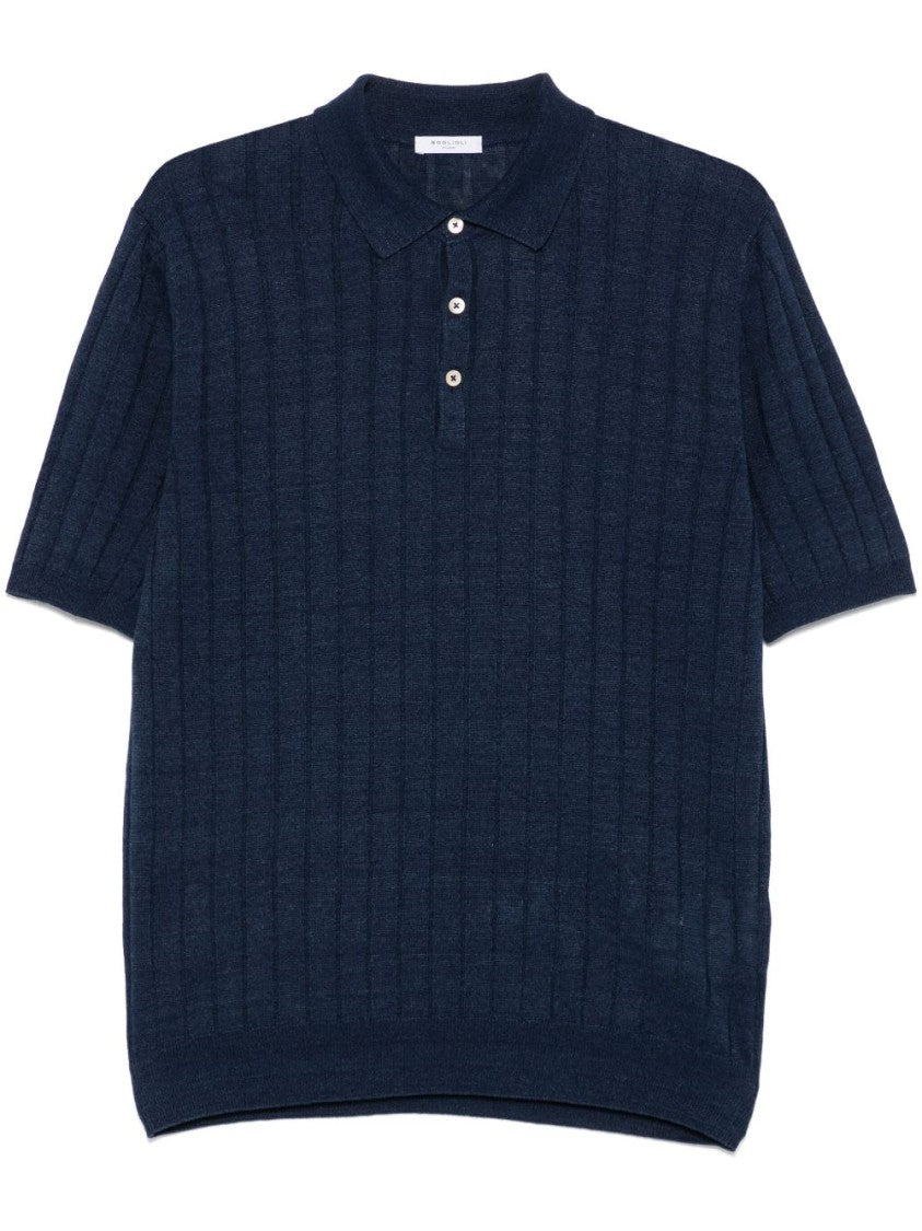 Boglioli Textured Ribbed Blue Polo With Classic Collar