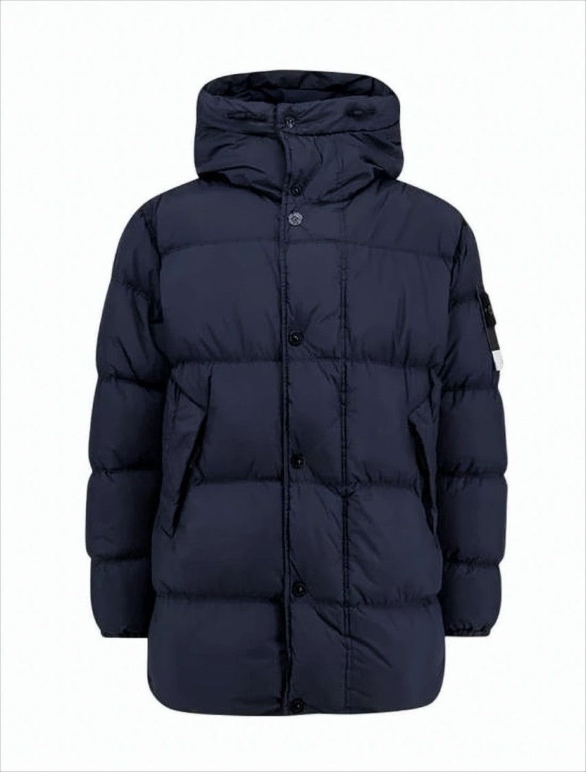 Stone Island Quilted Blue Padded Jacket With Hood And Oversized Fit