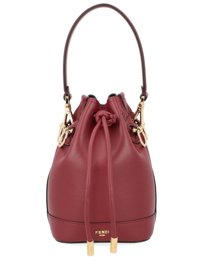 Fendi Compact Burgundy Leather Bucket Bag With Gold Hardware Accents