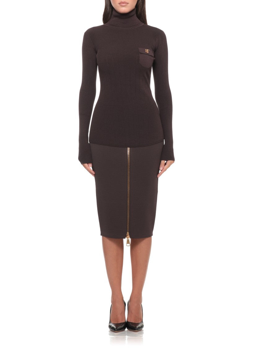 Elisabetta Franchi High Neck Ribbed Sweater With Faux Pocket And Gold Logo