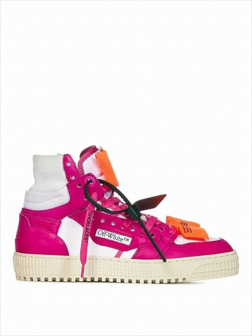 Off-White High-Top Sneakers In Vibrant Pink Leather With Branded Details