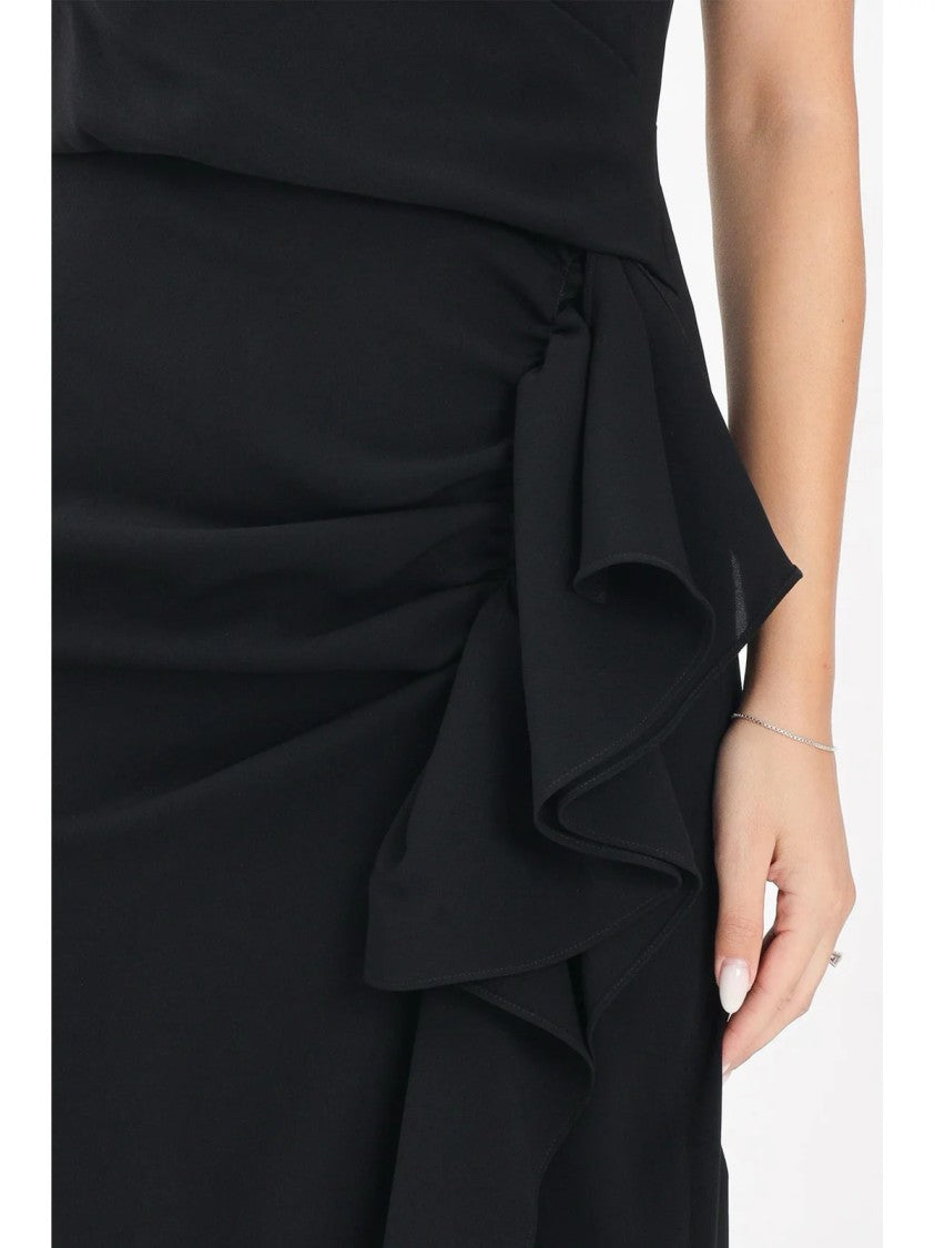 Max Mara Ruched Black Midi Dress With Cascading Ruffle Detail
