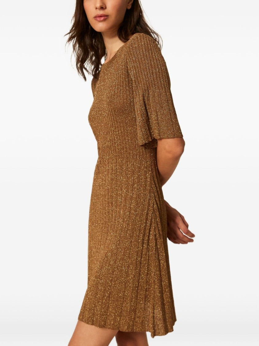 Twin-Set Brown Ribbed Flutter Sleeve Day Dress