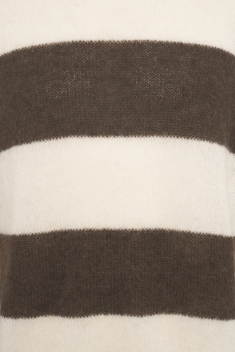 Closed Striped Knit Sweater With Ribbed Details