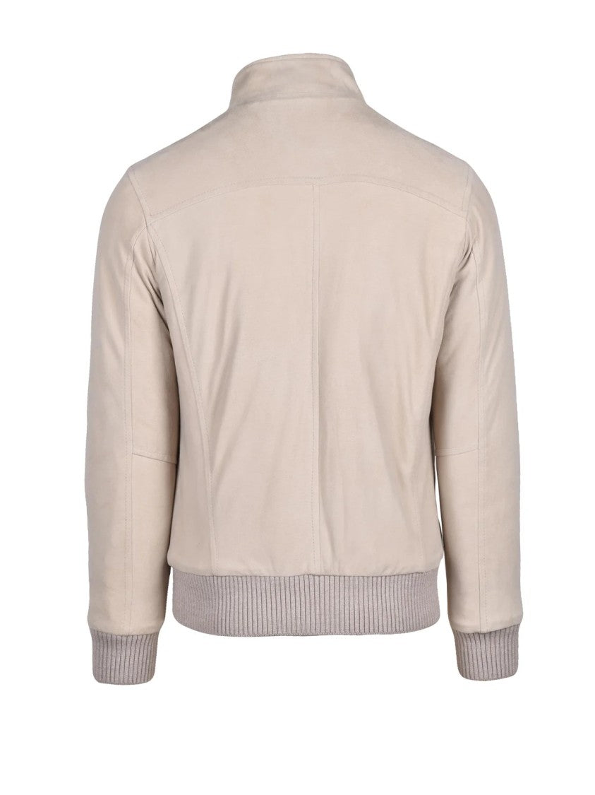 Barba Napoli Beige Suede Jacket With Zip Closure And Ribbed Details
