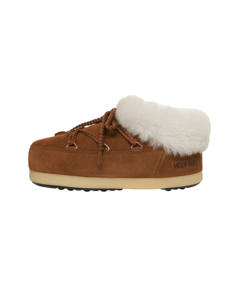 Moon Boot Suede Mules With Braided Lace Detail And Plush Fur Collar
