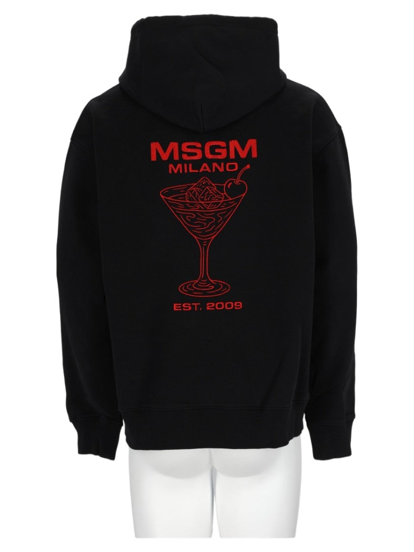 Msgm Black Hooded Graphic Print Cotton Sweatshirt