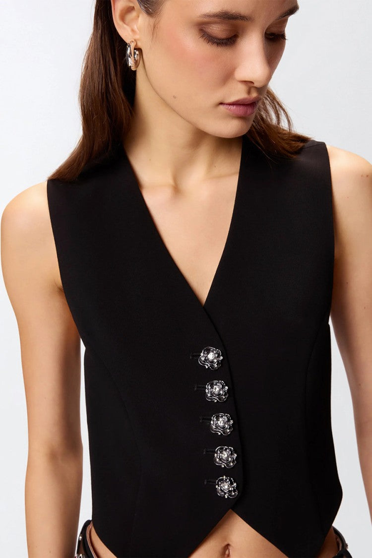 Pinko Black Crystal-Embellished Button Viscose-Blend Waistcoat
