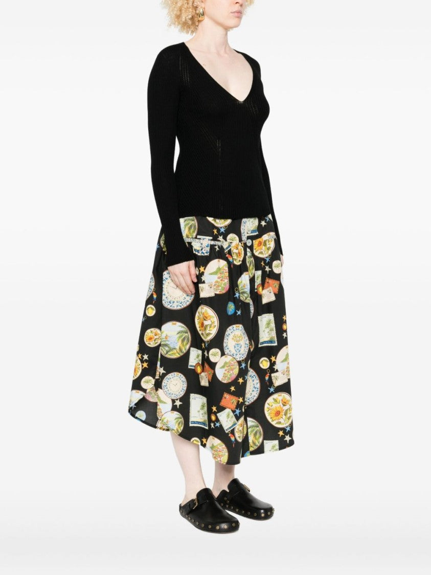 Twin-Set Fitted Black Ribbed Sweater With Deep V-Neckline