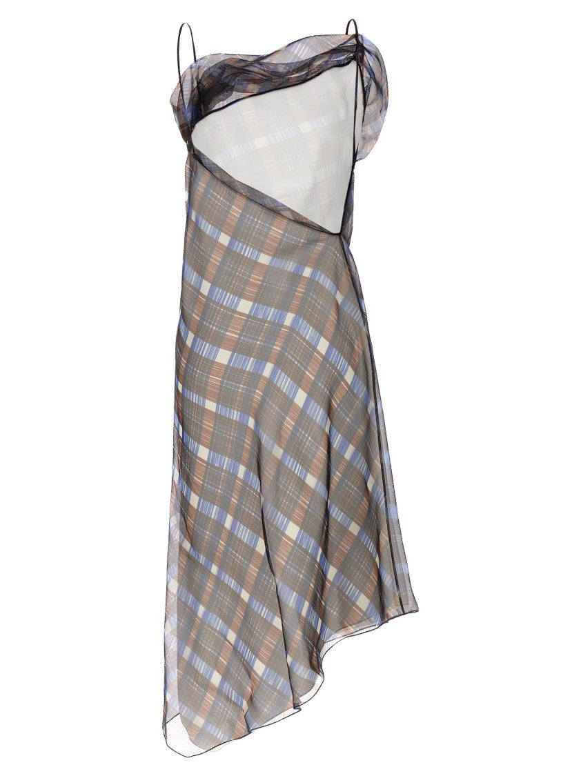 Ferragamo Asymmetrical Organza Dress With Delicate Check Print