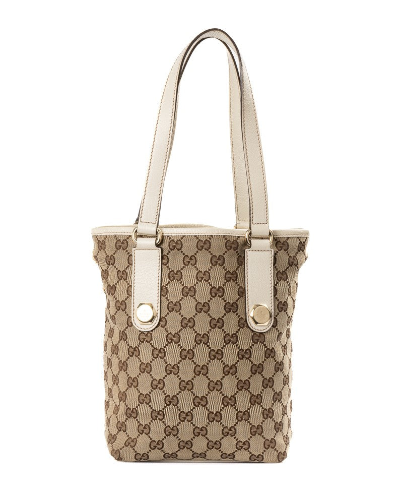 Gucci Vertical Gg Supreme Canvas Tote With White Leather Accents