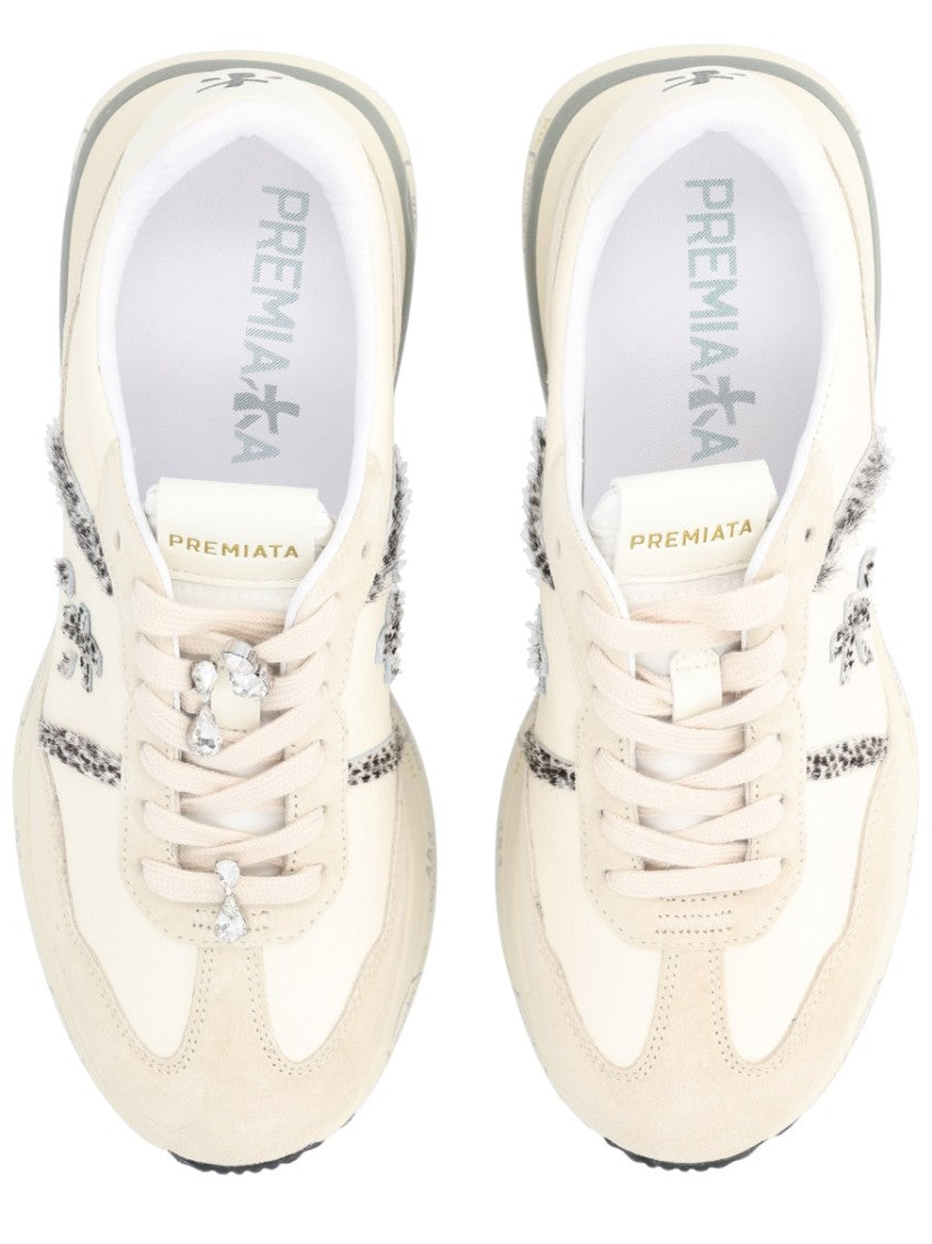 Premiata White Sneakers With Calf Leather And Rhinestone Laces
