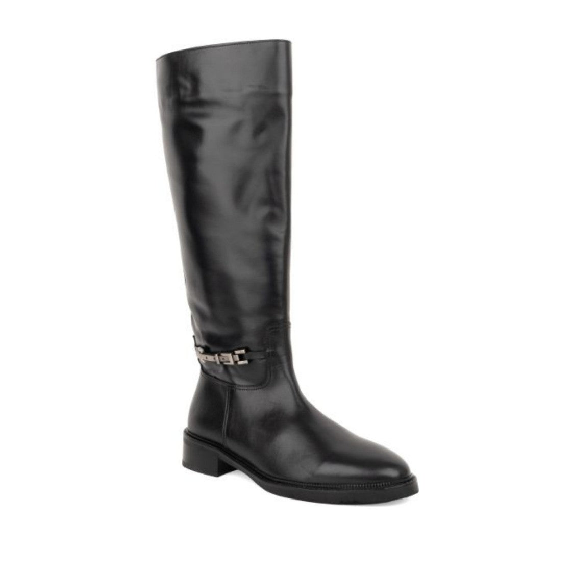 Sergio Moretti Black Polished Finish Ankle Buckle Tall Leather Boots