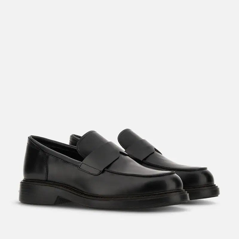 Hogan Polished Black Leather Elevated Sole Penny Loafers