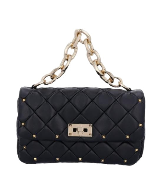Valentino Quilted Black Lambskin Shoulder Bag With Stud Accents