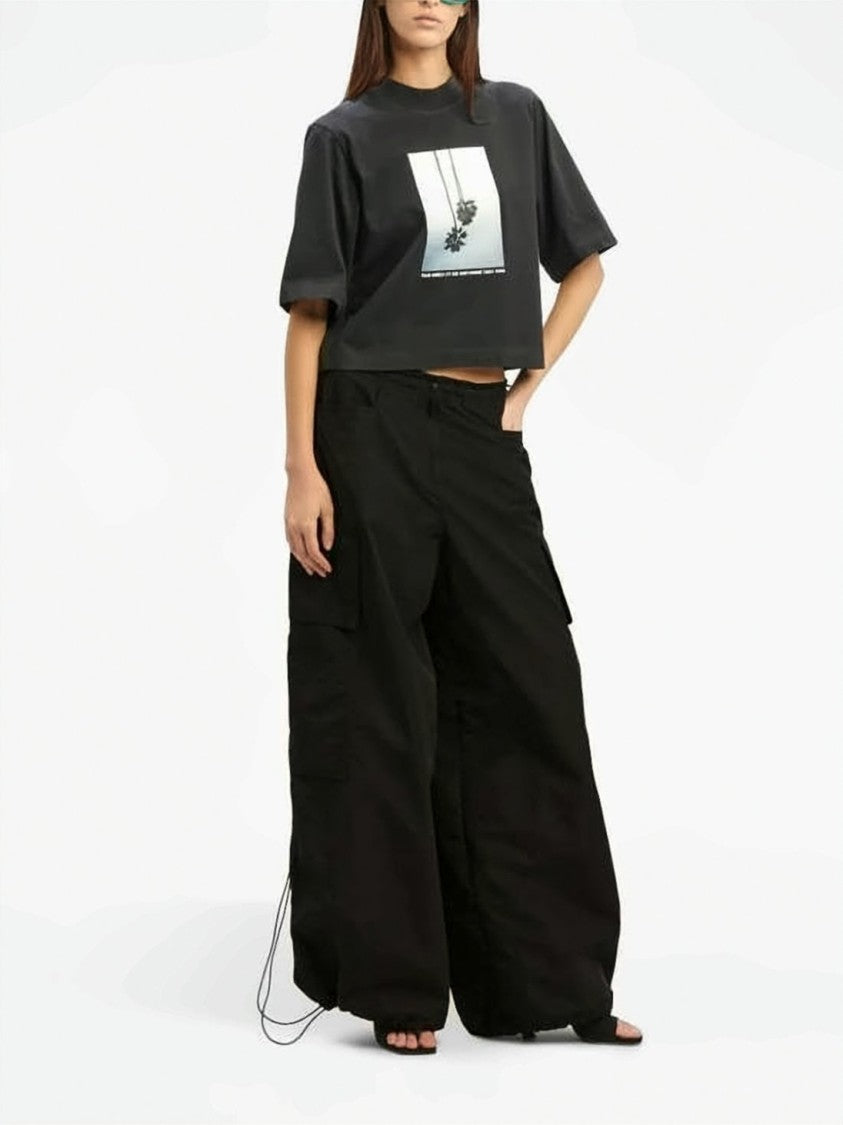 Palm Angels Cropped Black T-Shirt With Graphic Palm Trees