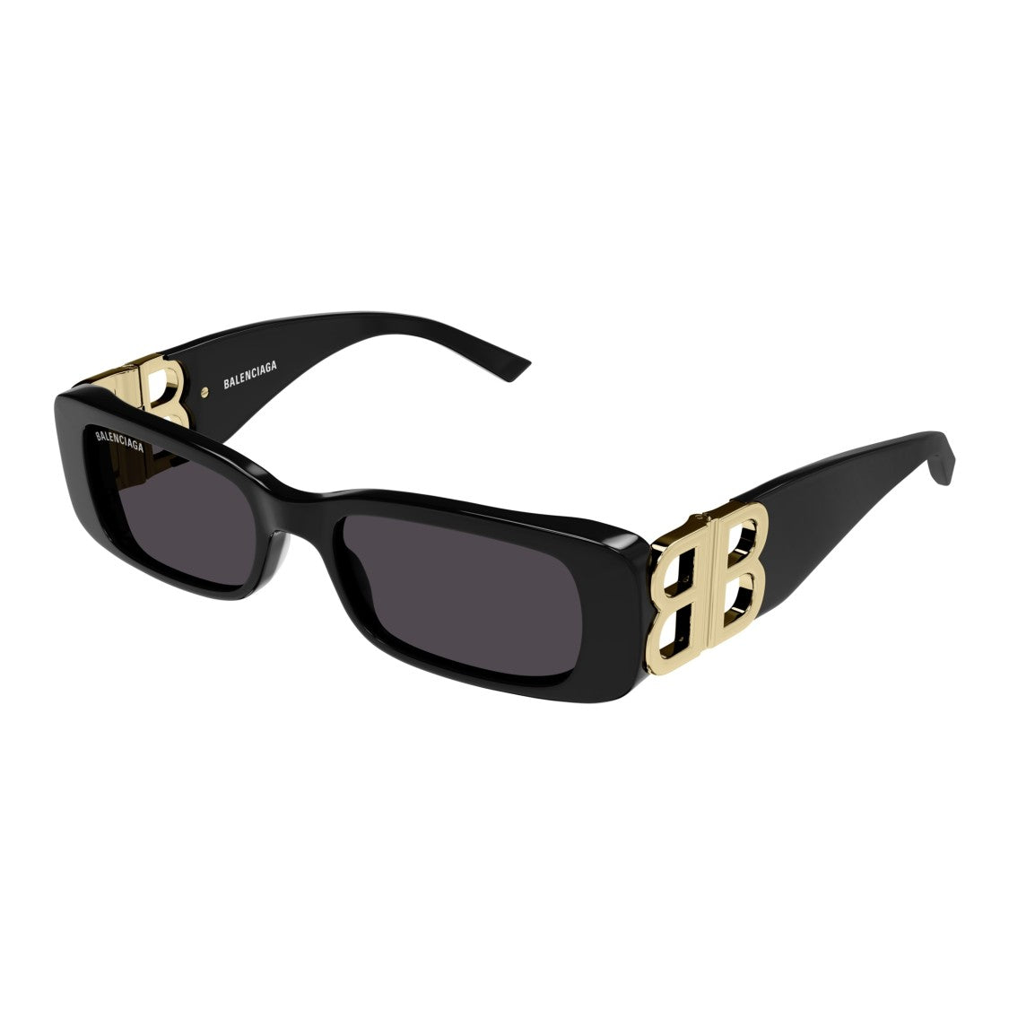 Balenciaga Rectangular Black Sunglasses With Gold-Detail Temples