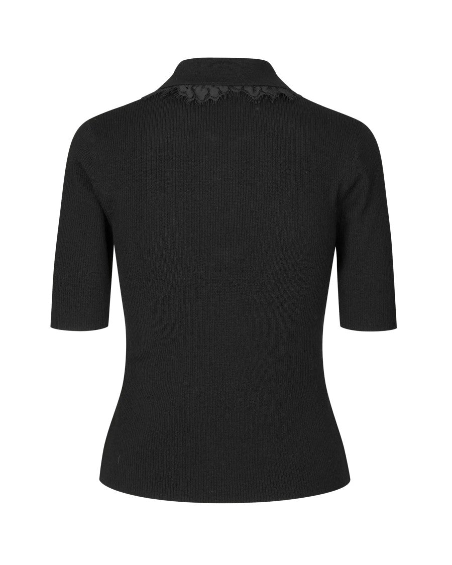 Samsøe Samsøe Black Sanelly Ribbed Lace-Trim Polo Shirt