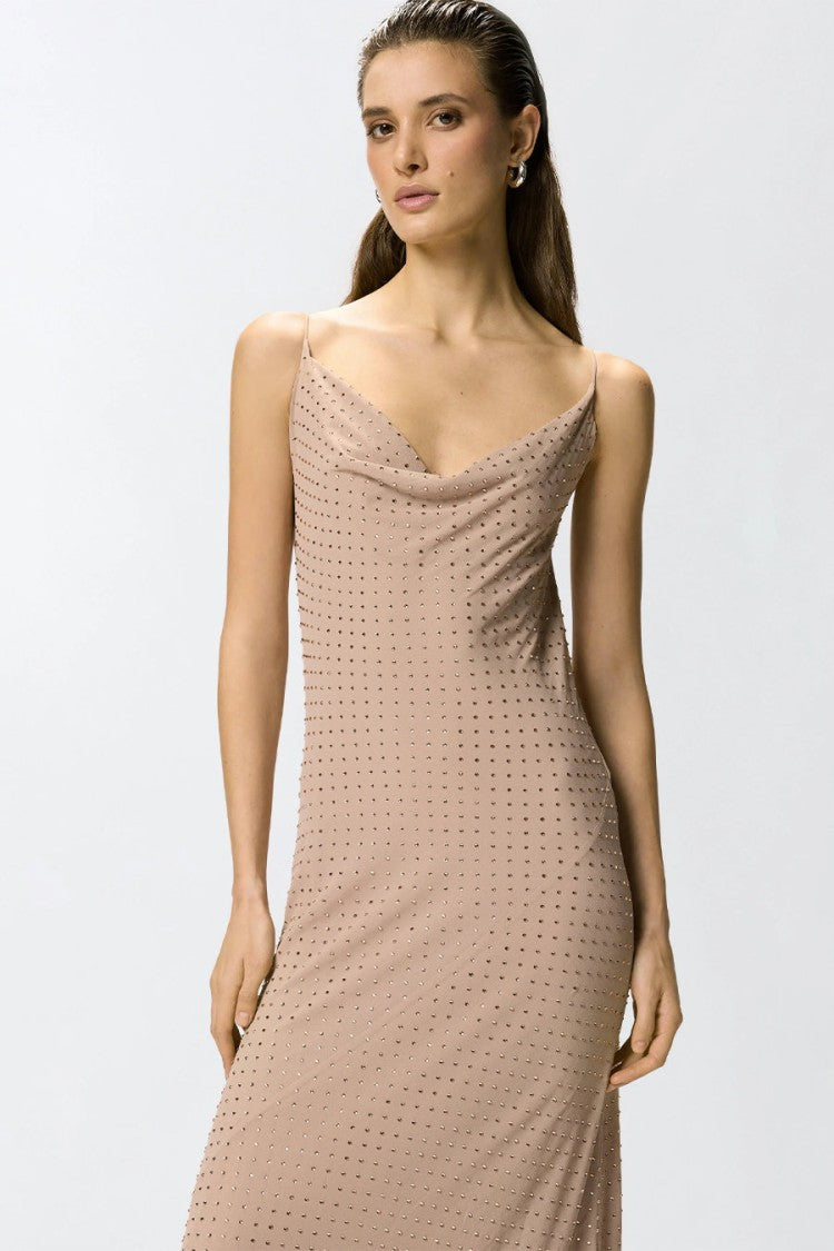 Pinko Beige Perforated Dot Cowl Neck Polyester Maxi Dress