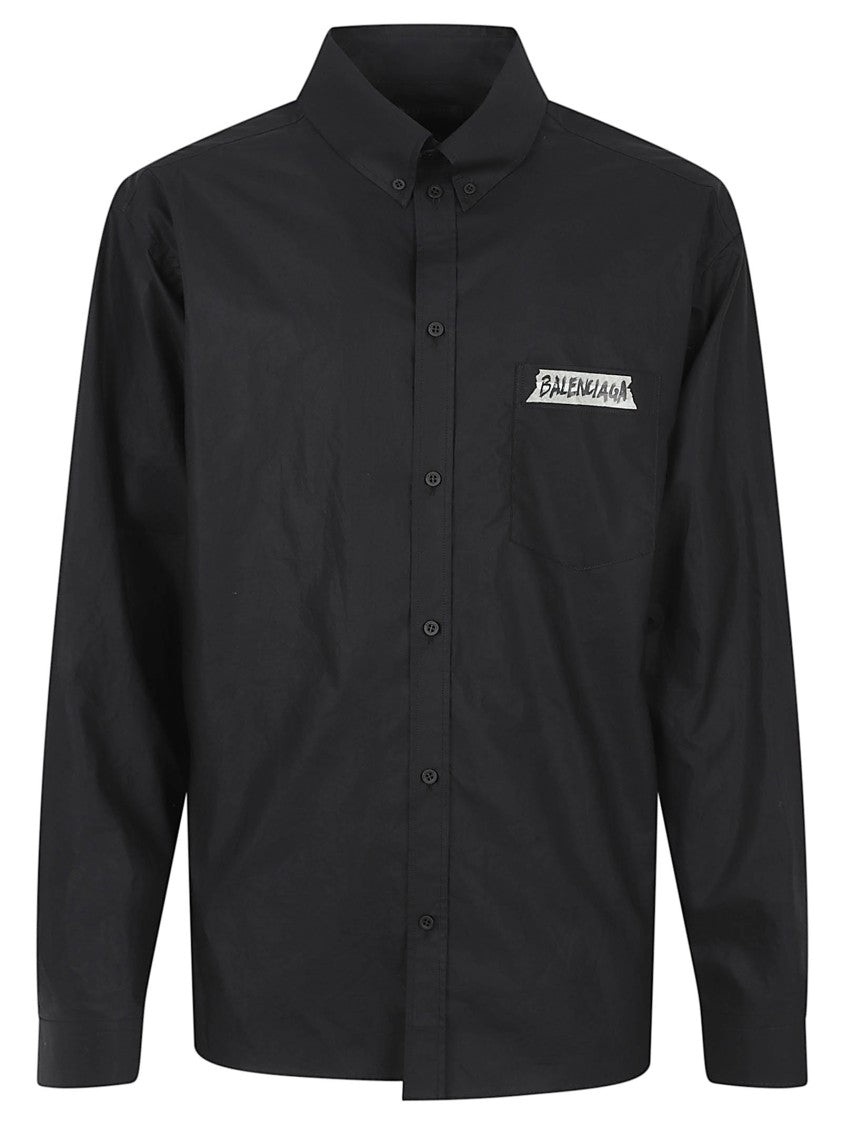 Balenciaga Button-Up Cotton Shirt With Engraved Buttons And Masking Tape Motif