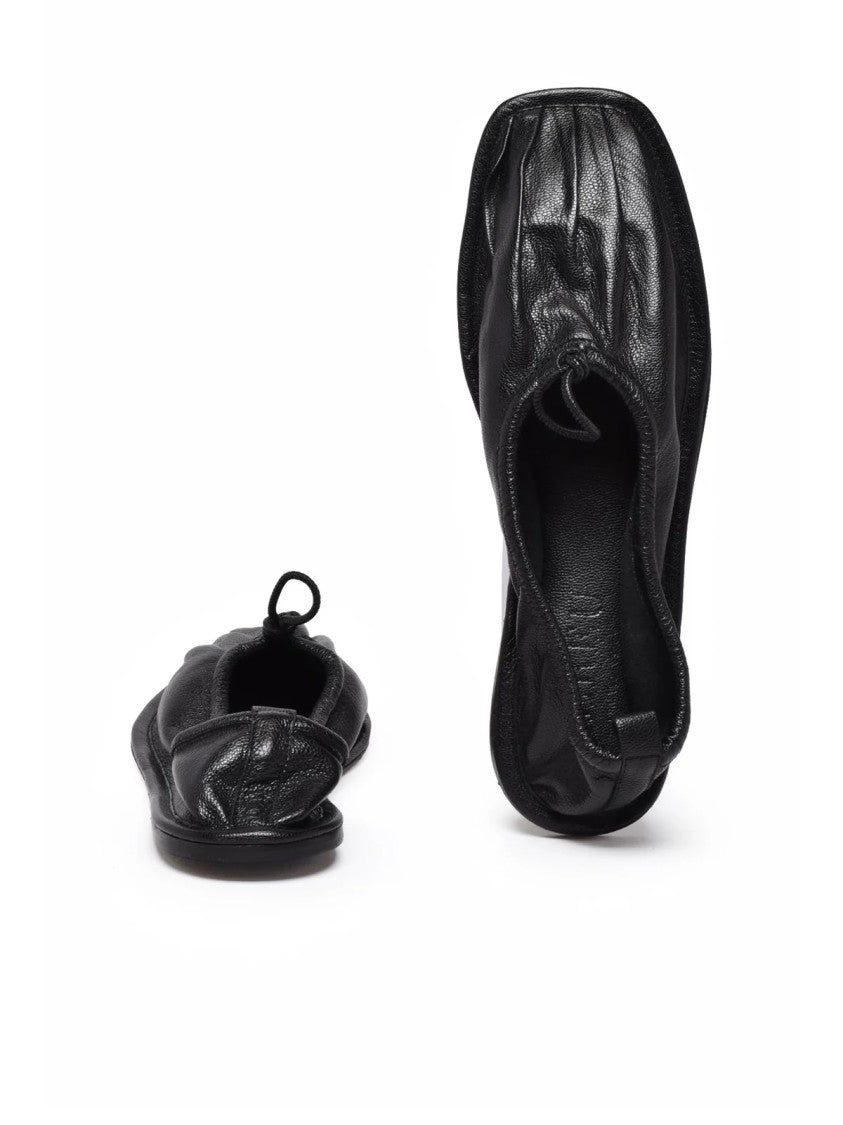 Hereu Black Gathered Design Bow Flat Leather Loafers