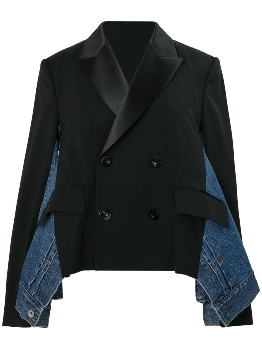 Sacai Hybrid Black Wool Suiting And Denim Jacket