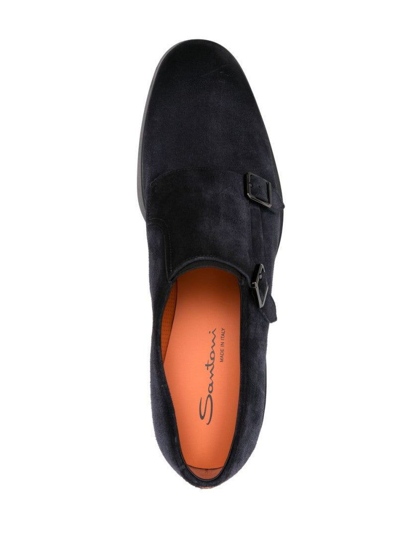 Santoni Double Monk Strap Shoes In Deep Navy Suede